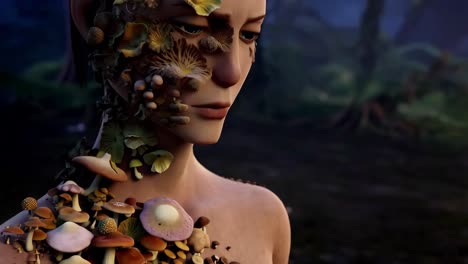 woman adorned with flowers and mushrooms