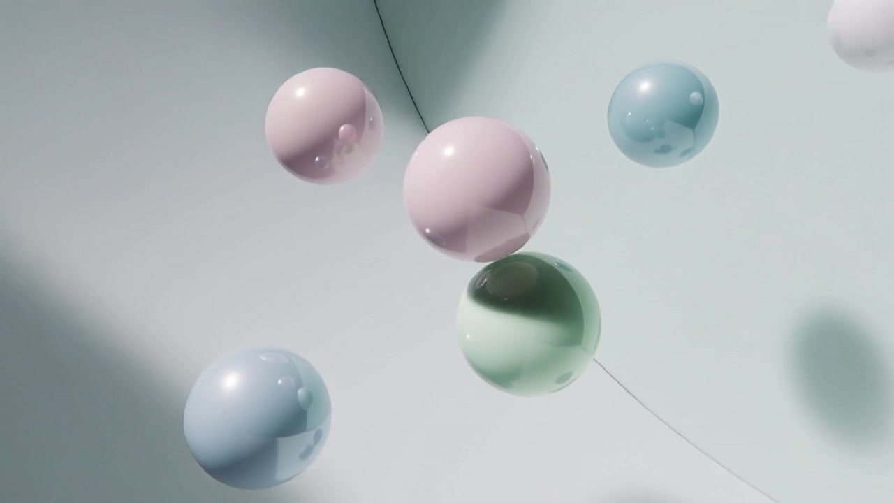 Animation starting pastel spheres drifting rotating inward settling into cluster on mint backdrop