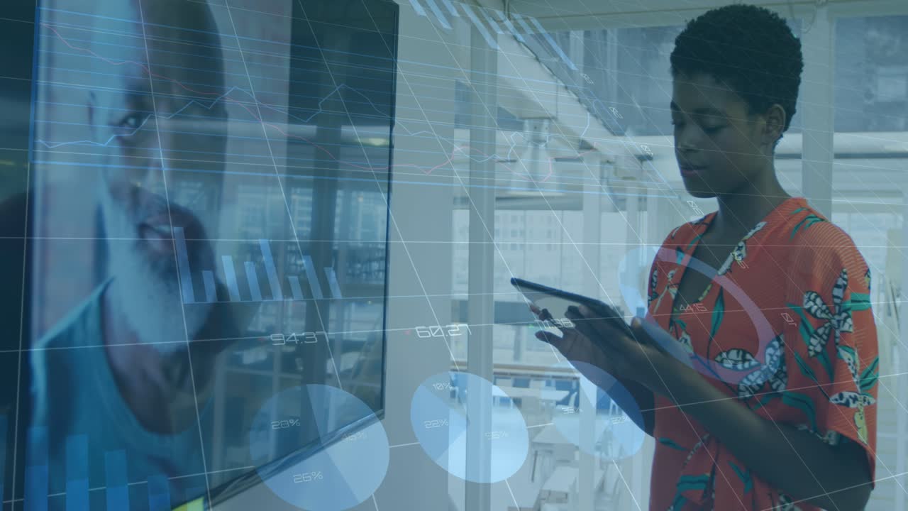 Animation of data processing over african american businesswoman using tablet in office