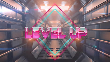 Animation-of-level-up-text-over-neon-pattern-background