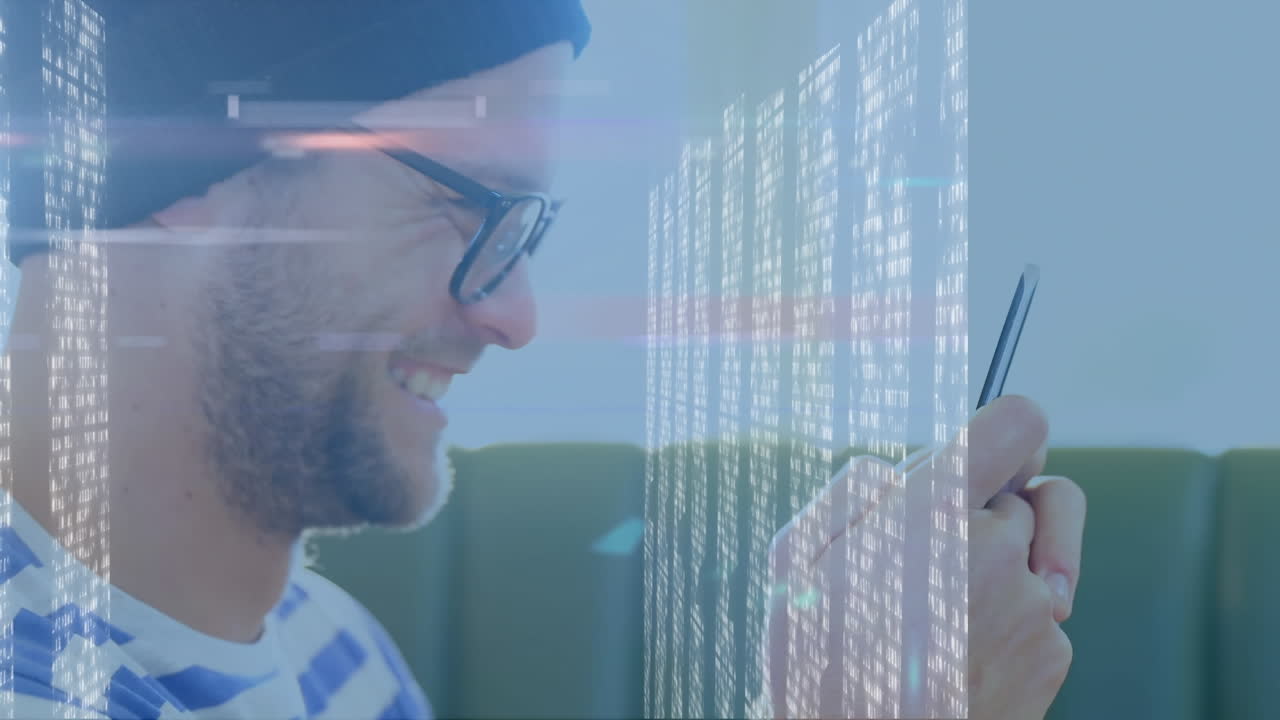 animación de puntos de luz sobre el hombre caucásico usando un teléfono inteligente