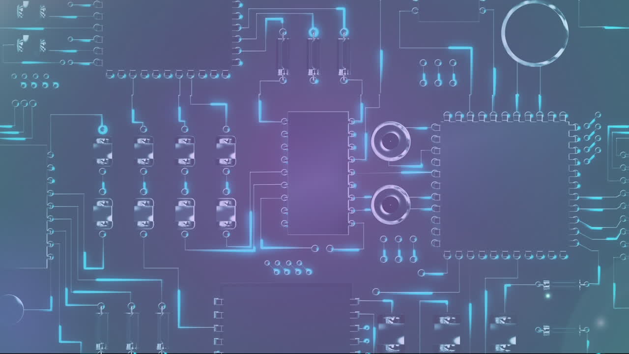 빛나는 컴퓨터 회로판에 데이터 처리의 애니메이션