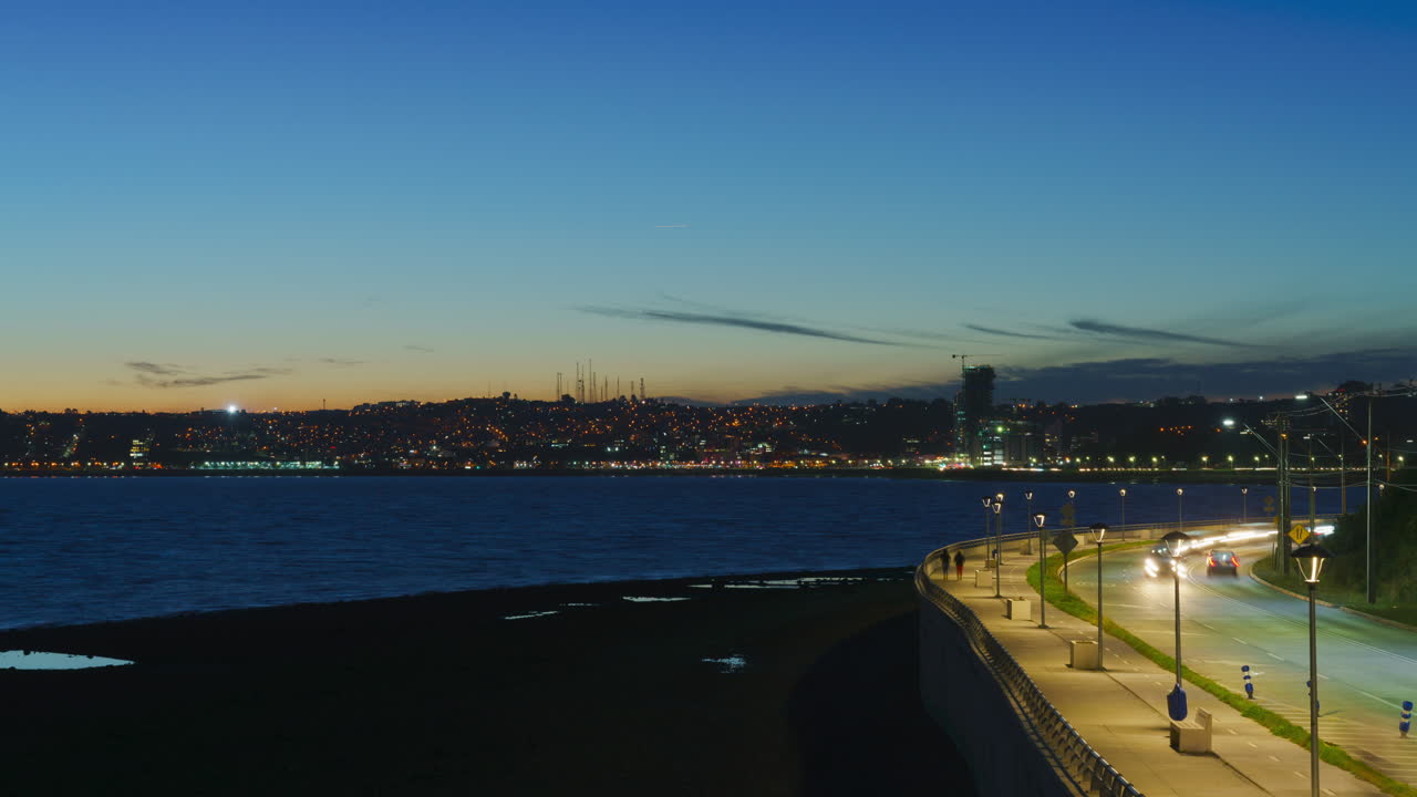 Timelapse cityscape over the port city of Puerto Montt, Los Lagos, Chile, sunsetting of city skyline