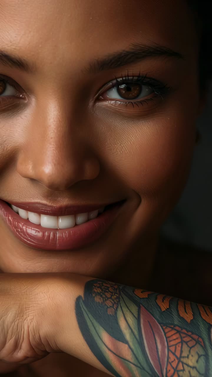 Video verticale: Inquadratura stretta di una donna sorridente che poggia il mento sul braccio tatuato in un ritratto in studio
