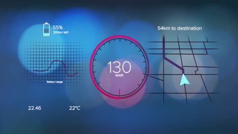 Animation-of-changing-numbers-in-circles,-navigation-pattern,-graphs-over-lens-flare