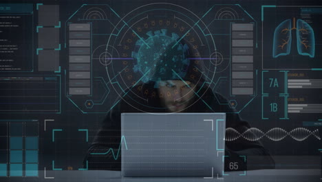animación del procesamiento de datos sobre un hacker con una computadora portátil