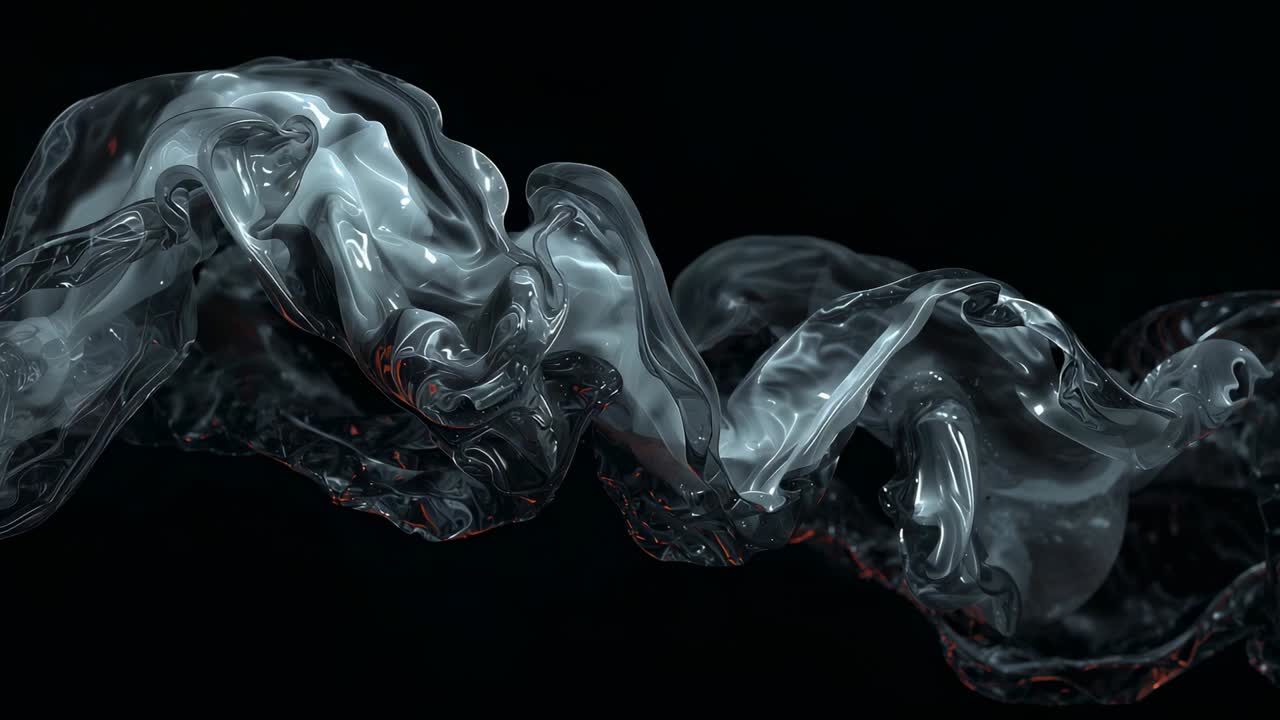 Left fold releasing, translucent ribbon moving across dark studio backdrop, with red glints, specks