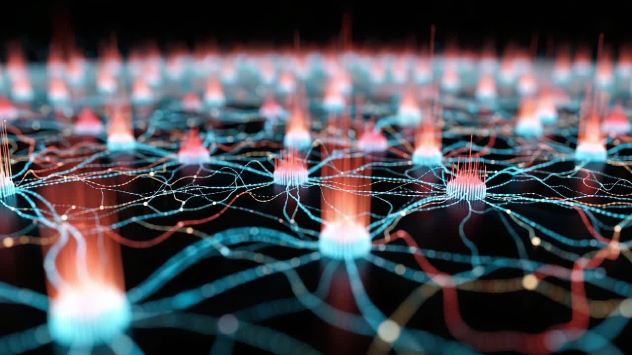 A Captivating Visualization of Neural Networks Displaying Dynamic Activity Through Colorful Light Emissions and Intricate Connections in a Digital Environment