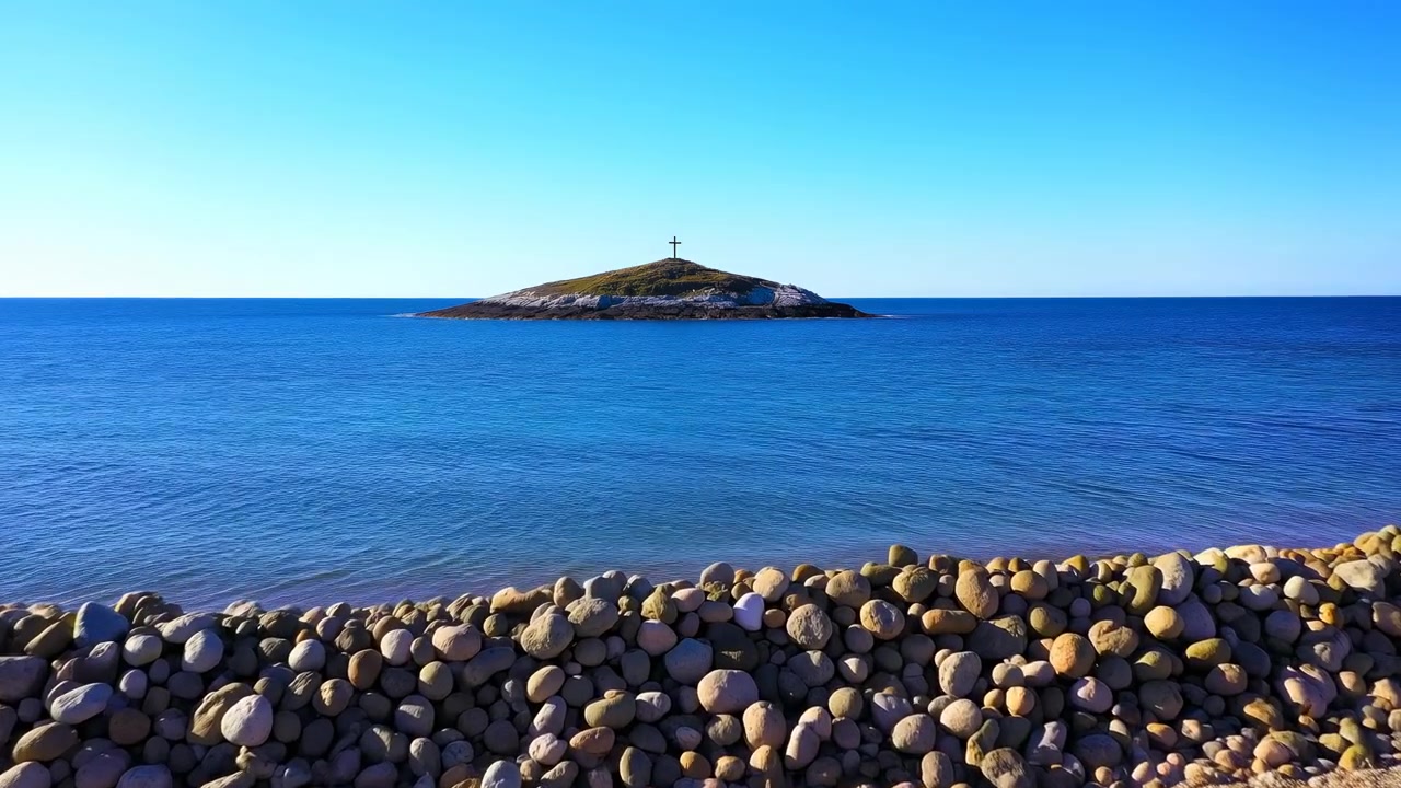 Steinstrand med fjernt øykors, stille blått hav under klar himmel, glatte, runde småsteiner langs strandlinjen