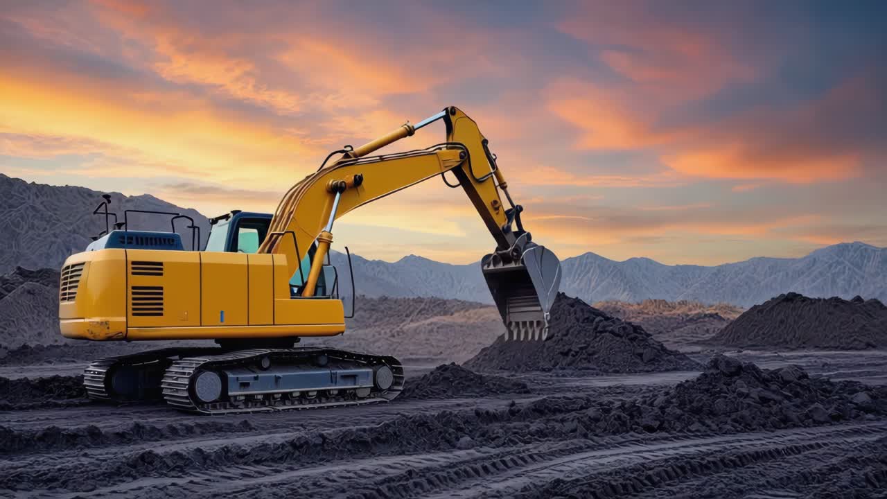 Yellow Excavator on a Construction Site at Sunset