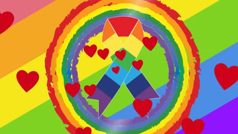 animation of hearts over rainbow ribbon on rainbow background