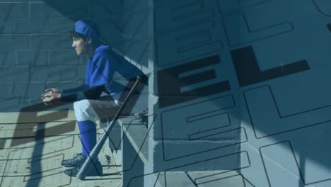 animation of level up texts over caucasian male baseball player holding ball