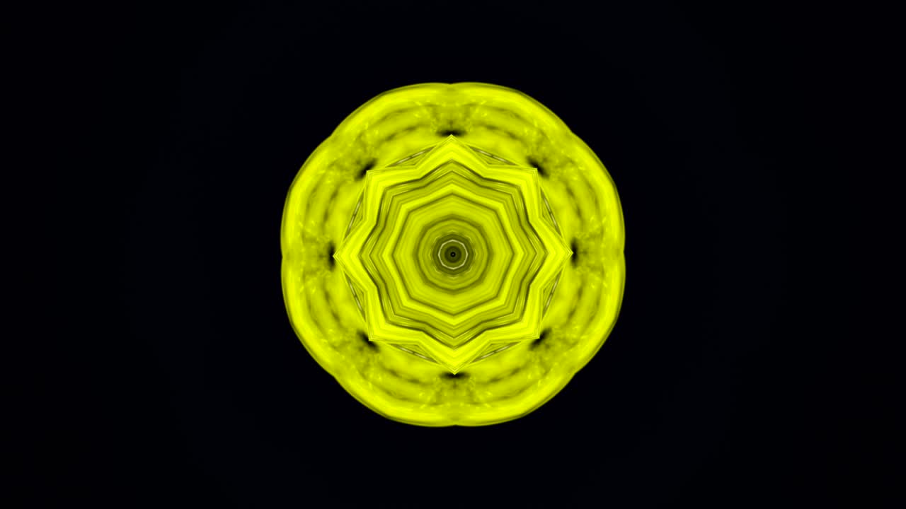 animación abstracta de formas geométricas que giran en caleidoscopio sobre el fondo negro. animación. caleidoscope hipnótico con movimiento fractal de colores