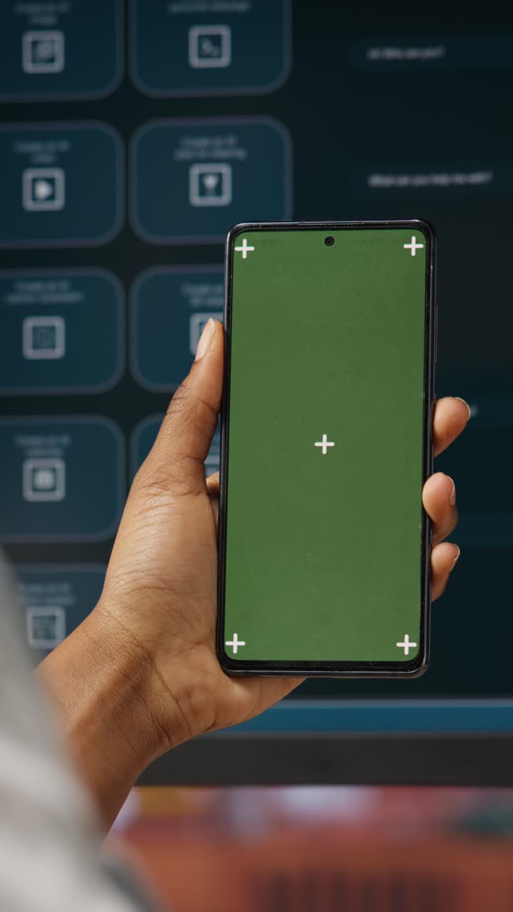 Vertical video Woman using isolated screen smartphone and AI LLM chatbot on computer