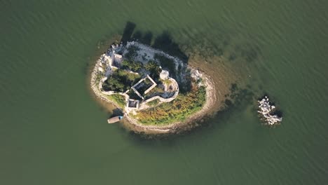 aerial view of a ruined island castle