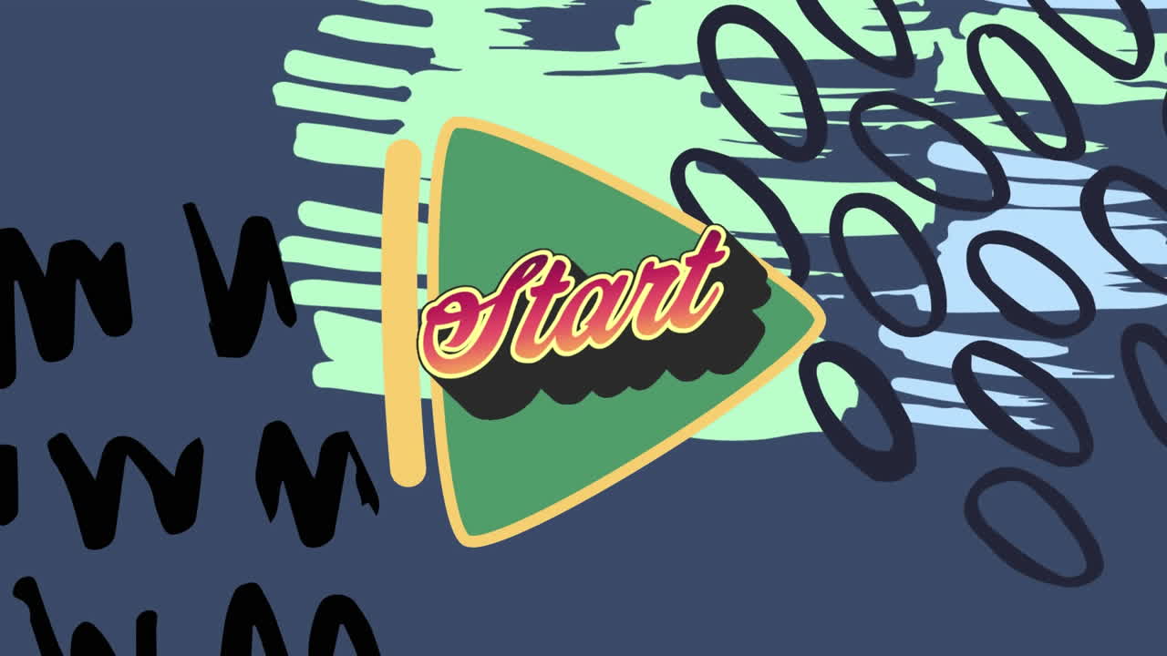 Animation of start text over colorful graphics and shapes
