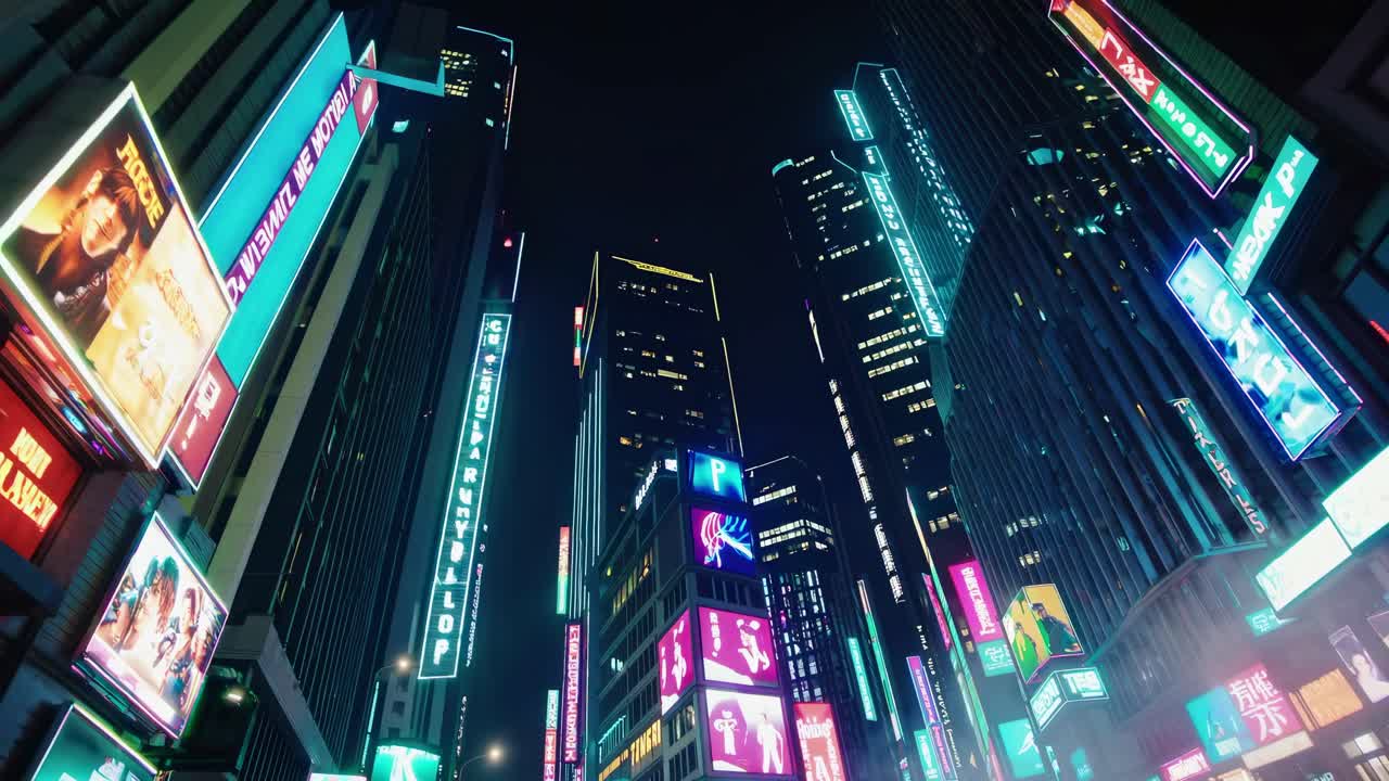 Paisagem urbana futurística com luzes de neon, vista de um ângulo baixo