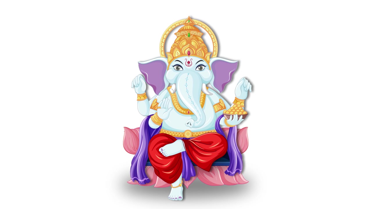 Ilustração colorida do Lorde Ganesha aparecendo em um lótus rosa com gráficos de movimento suaves