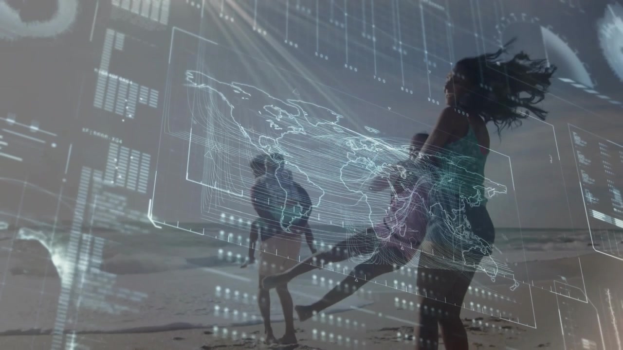 Woman lifting child and swinging on sandy shoreline for bonding, tech HUD map shifting over family