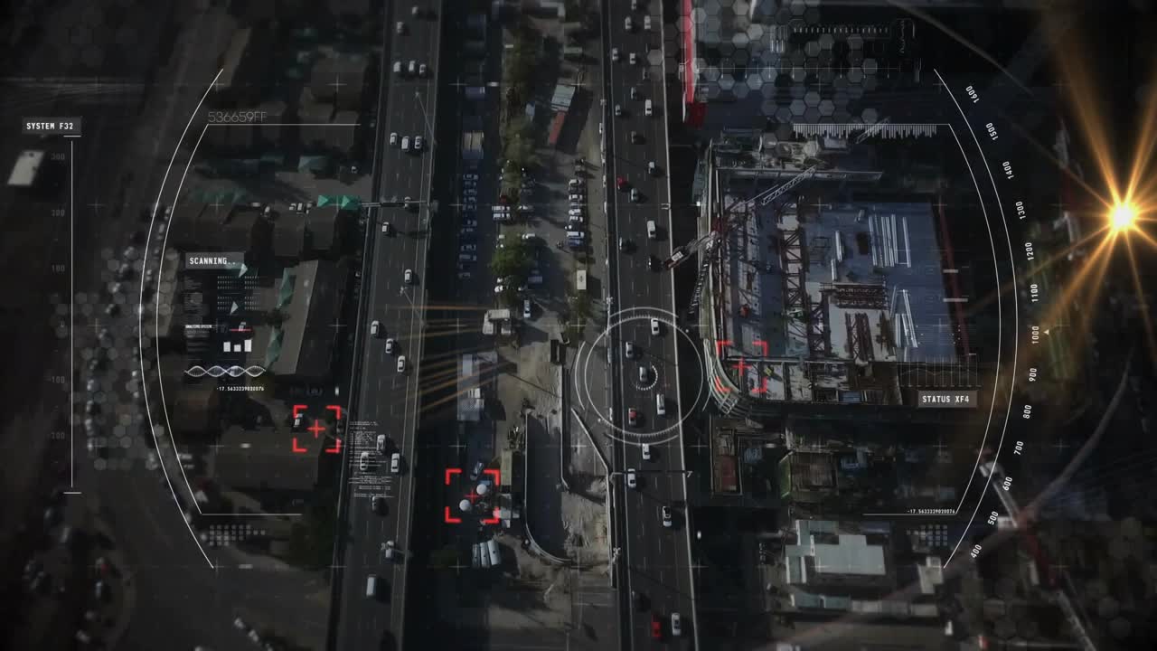 Sensor ping starting HUD drone scanning main road, rings spinning boxes locking for traffic data