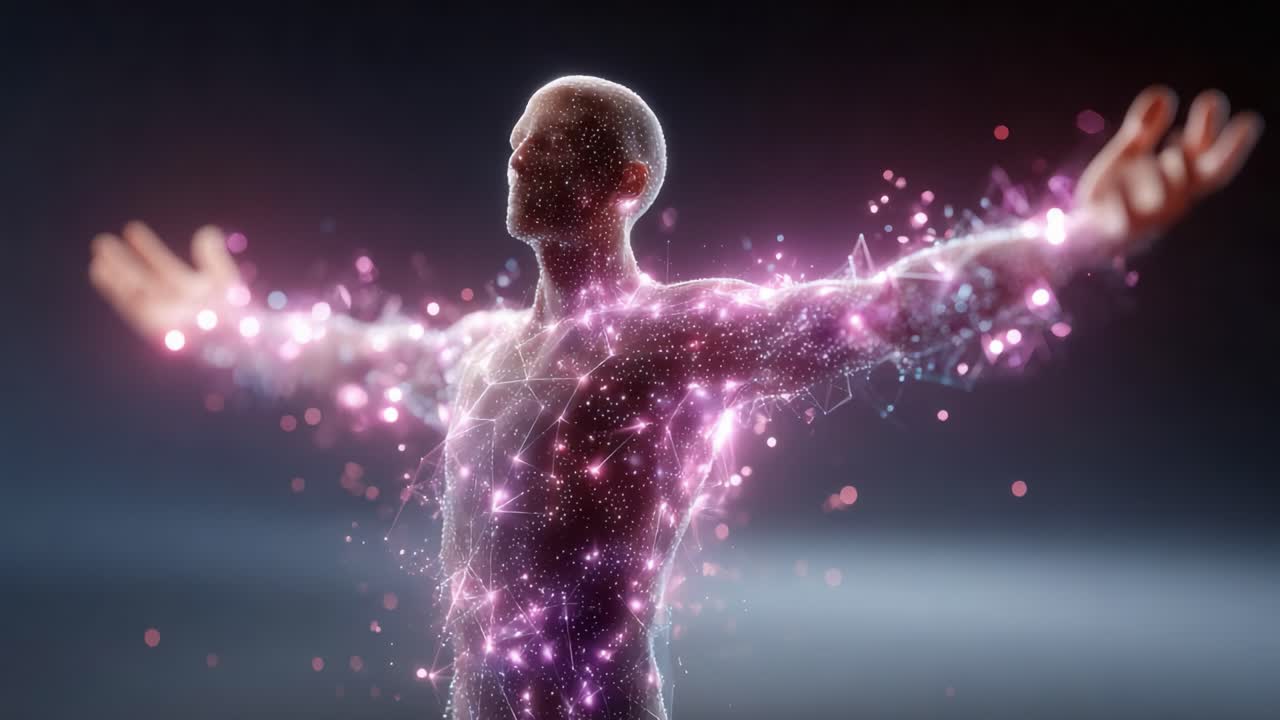 Illuminated Human Form in Cosmic Splendor: A Dynamic Exploration of Bioluminescent Energy and Abstract Artistry Showcasing the Interplay of Light and Motion