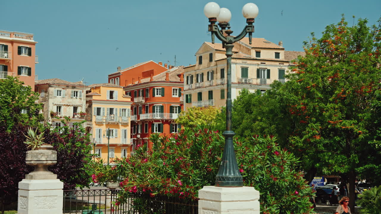 Vibrant Colorful Buildings and Lush Greenery in an Old Town