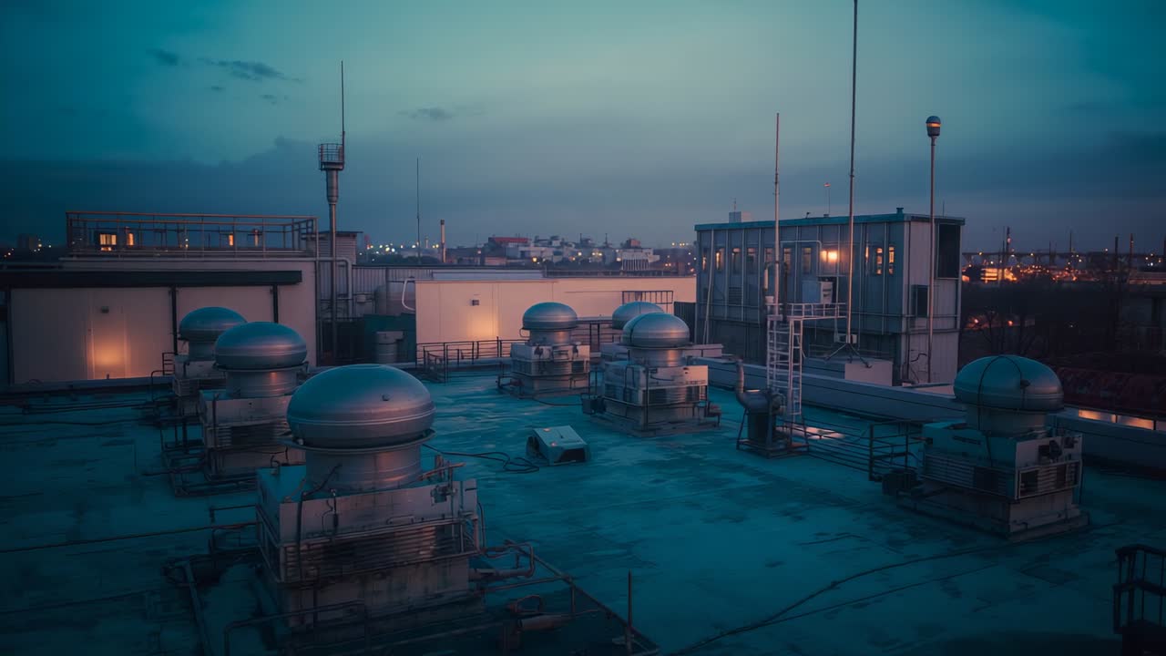 Dusk deepening sky casting light on rooftop at city edge, with vents and lights coming on
