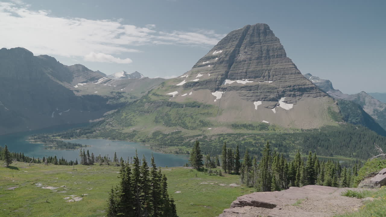Stunning mountain landscape at Logan Pass in Montana, showcasing majestic peaks and lush green fields