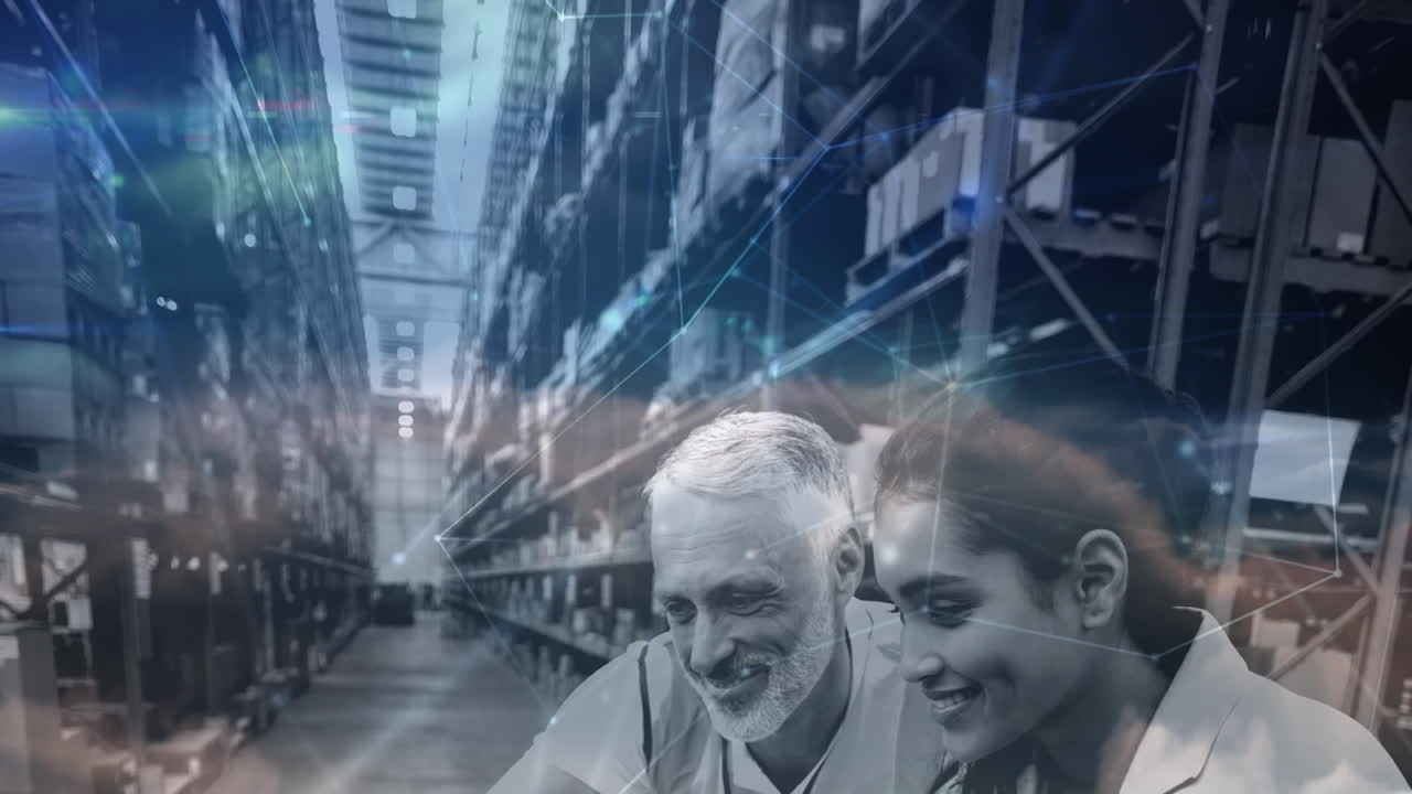 Animation of network of connections over male and female warehouse workers