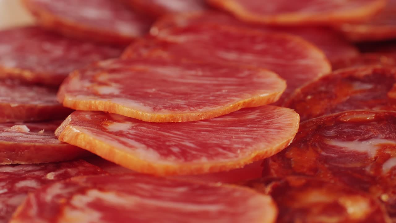 Mix of spanish pork sausages, Cutting board of appetizing catalonian snack - fuet, jamon, chorizo, olives, supermarket tapas food in spain, traditional cuisine.