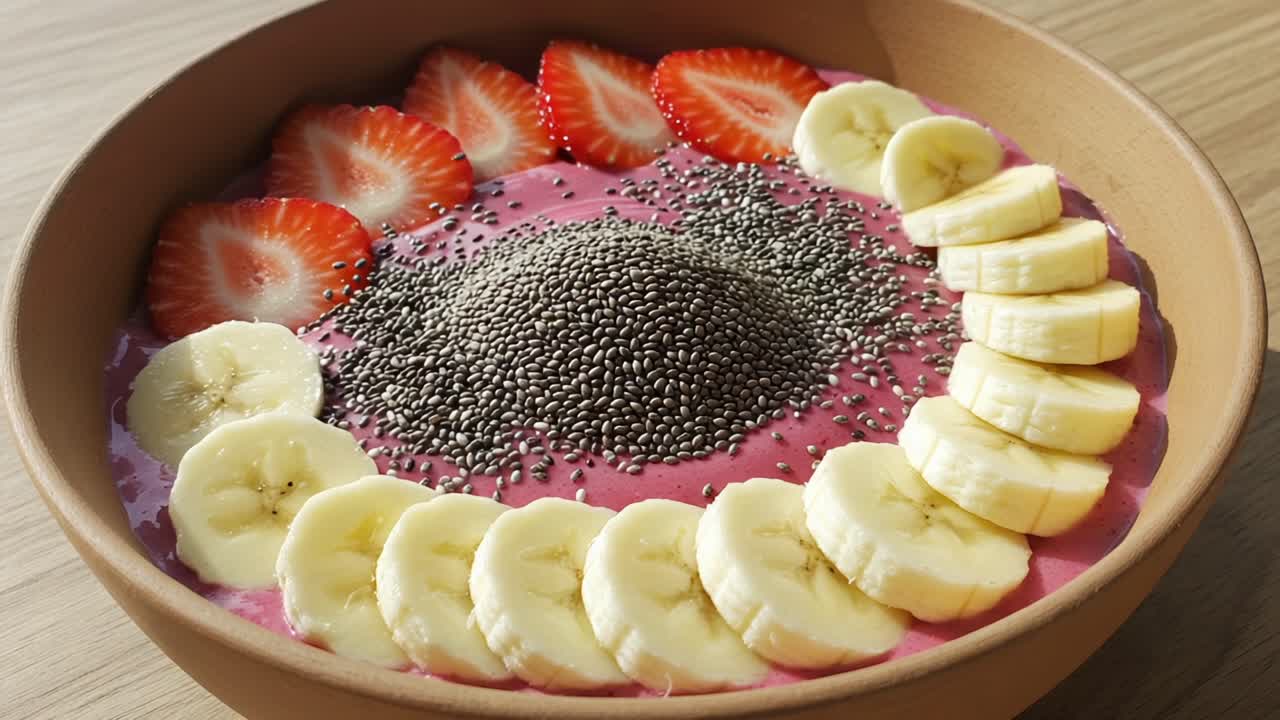 A Delicious and Colorful Smoothie Bowl Topped with Fresh Strawberries, Bananas, and Chia Seeds for a Nutritious Breakfast or Snack Option