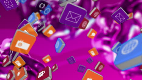 animación de iconos de medios sobre formas y fondo rosados.
