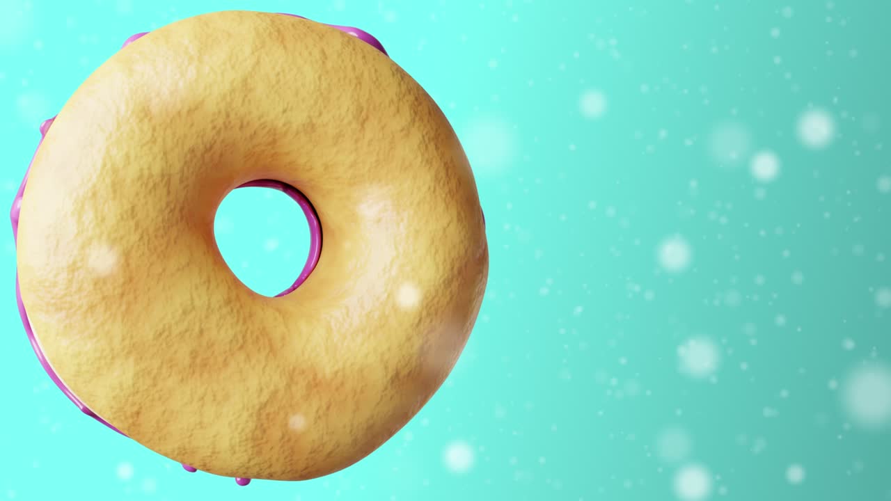 En snurrande munk med lila glasyr och strössel på blå bakgrund. Pastellfärger. 3D-loopanimation