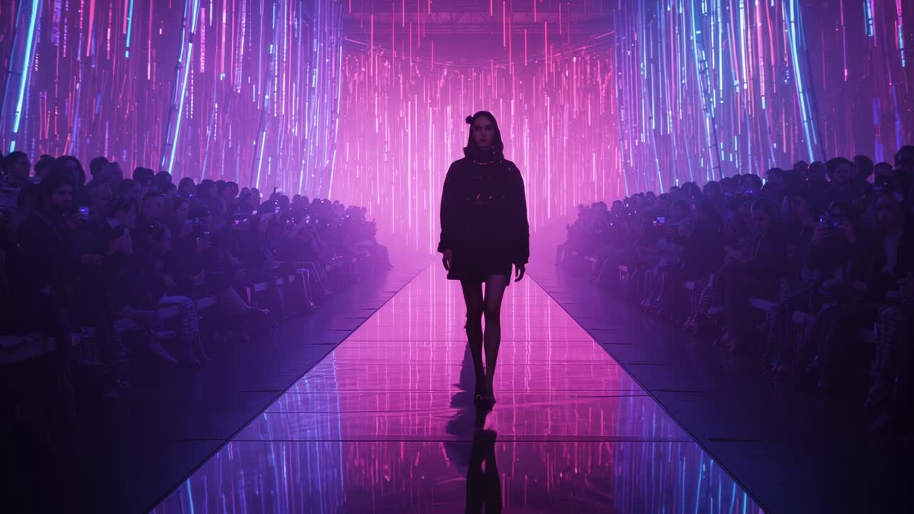 Shifting LED strips signaling model walking glossy runway, showcasing hooded jacket and high heels