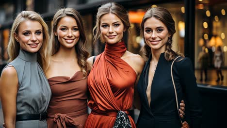 group of four women posing stylishly in an urban setting at night