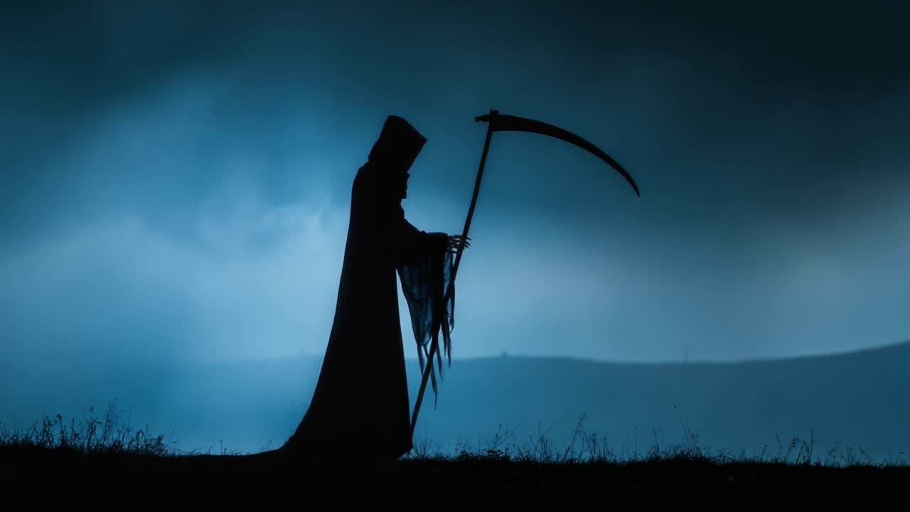 A Mysterious Figure Shrouded in Shadows: The Grim Reaper's Haunting Presence in a Gloomy Landscape, Evoking Themes of Death and the Afterlife in Poignant Silhouette