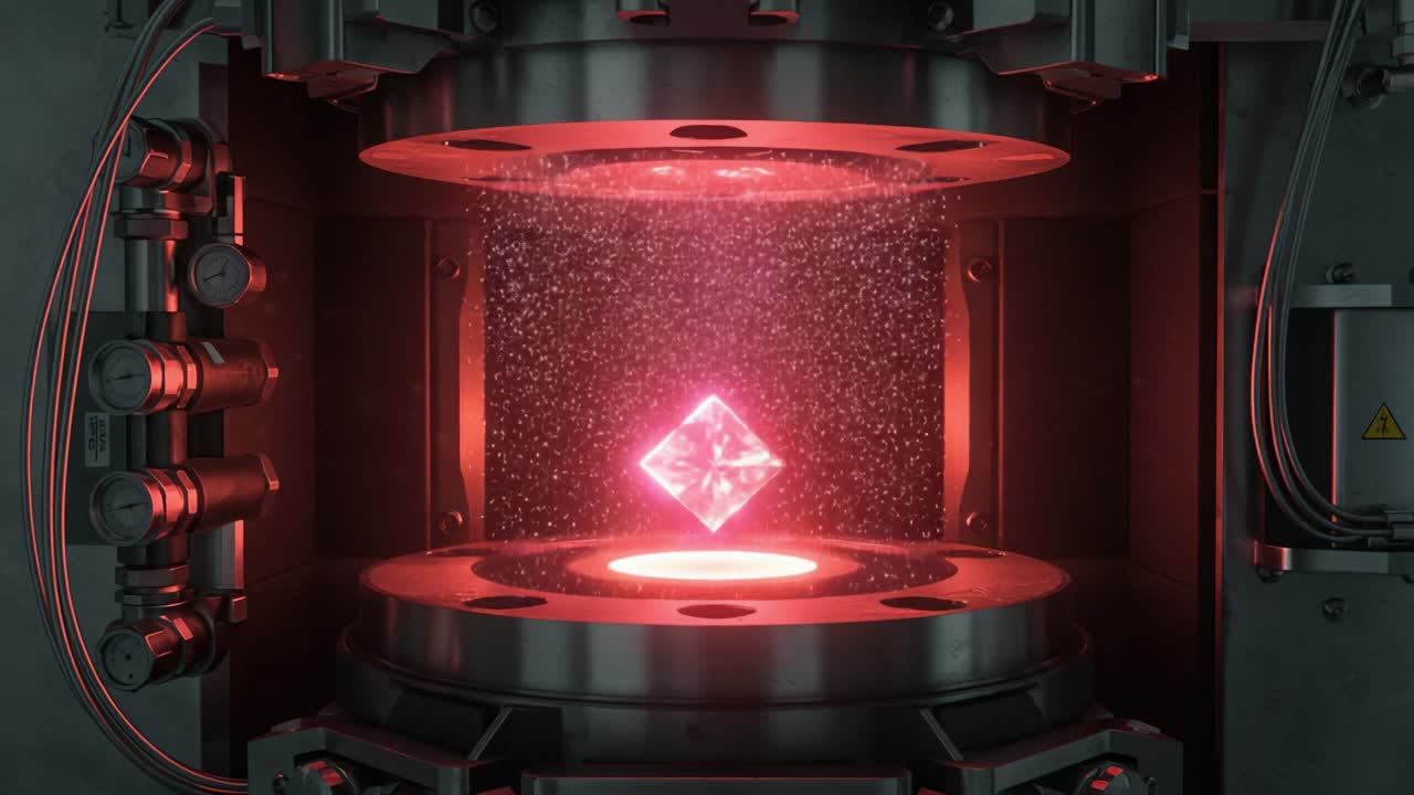 A Stunning Visualization of a Luminous Crystal Being Formed in a High-Tech Machine, Radiating with Red Light and Enveloped in Sparkling Particles