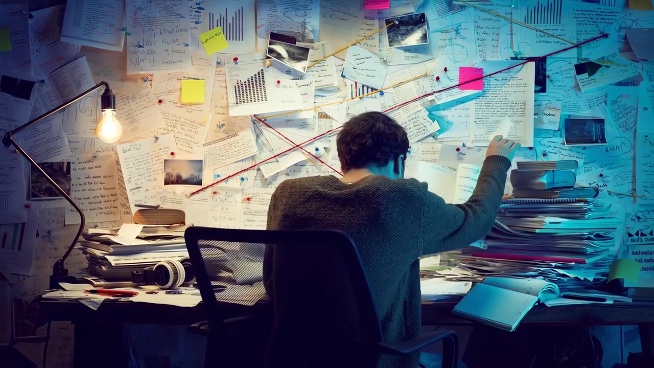 Person Working on a Complex Research Project with Notes on Wall