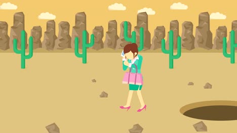 business woman jump over the hole. background of desert. risk concept. loop illustration in flat style.