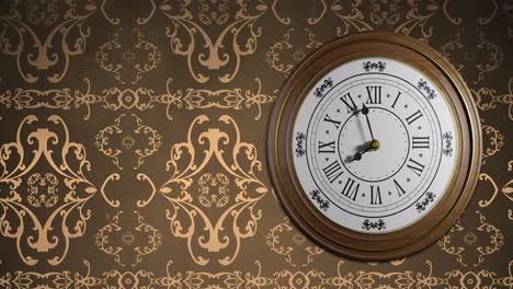 Animation-of-retro-clock-ticking-showing-midnight-with-gold-patter-on-brown-background