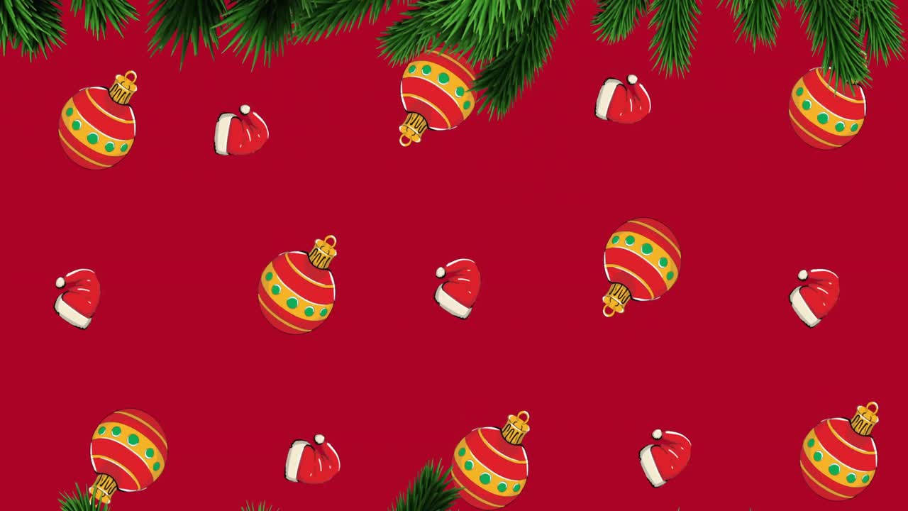 animación de bolas de navidad y sombreros de santa moviéndose con rama de abeto sobre fondo rojo