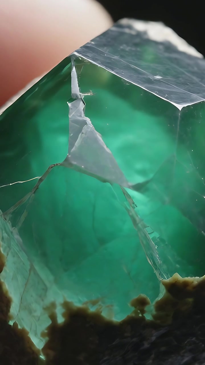 Vertical video: Rotating green crystal at bench, finger holding and showing cleft for inspection