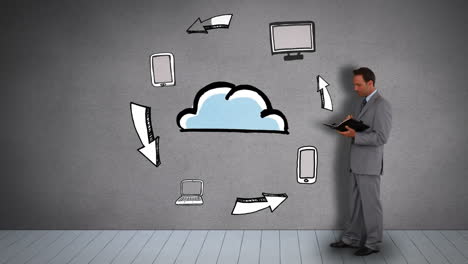 businessman with diary watching animated electronic devices circling cloud