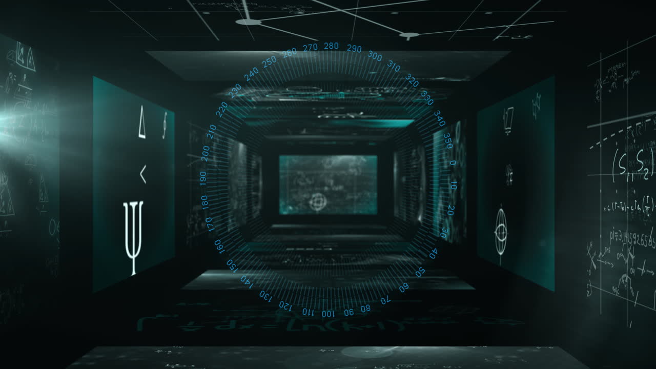 Animation of glowing blue elements in digital tunnel with mathematical equations