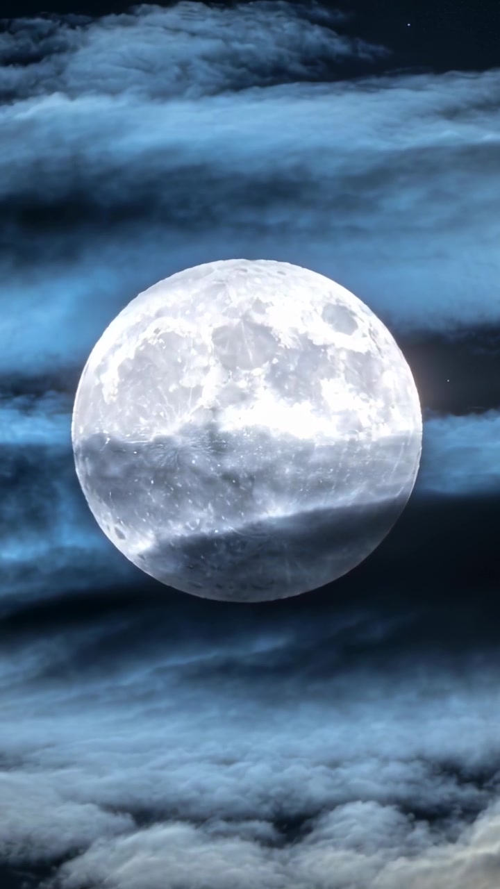 Vertikales Video: Sich verschiebende Wolkenbänder ziehen nachts über den Vollmond und verbergen Krater durch den Wind.