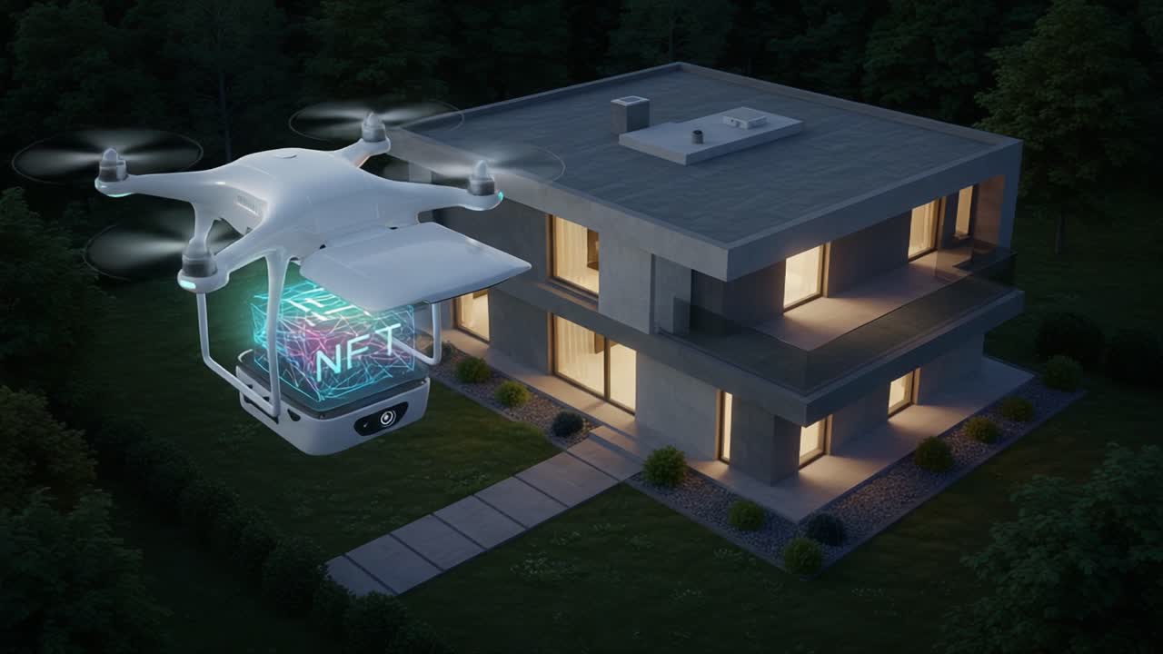 A Modern Drone Captures the Future of Technology, Hovering Over a Contemporary House with a Digital NFT Display, Blending Innovation with Architecture