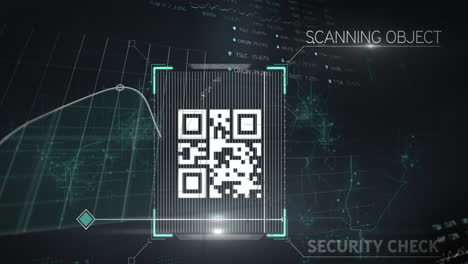 escaneo de código qr con gráficos y estadísticas rodando sobre una red de conexiones en fondo negro