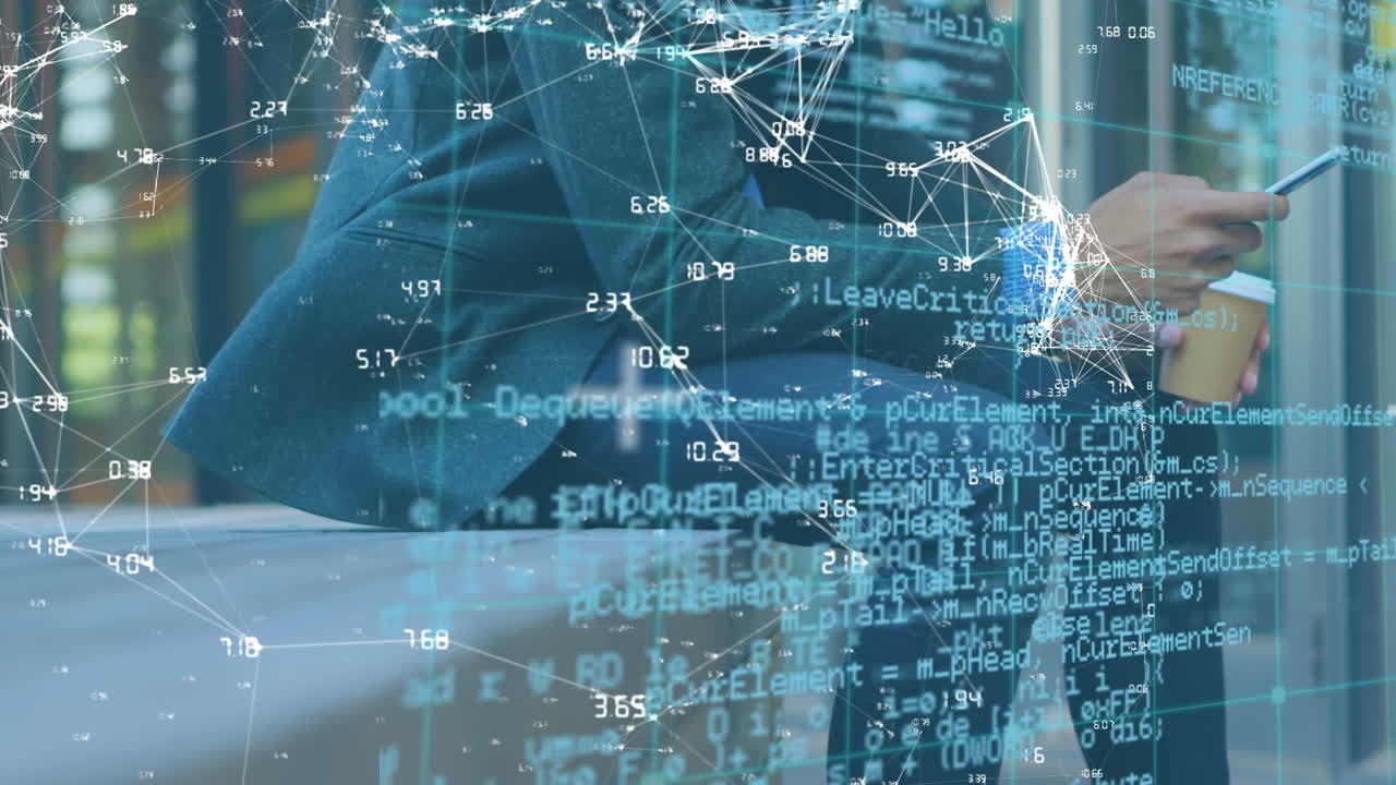 스마트폰을 사용하는 카우카스계 사업가에 대한 금융 데이터 처리 애니메이션