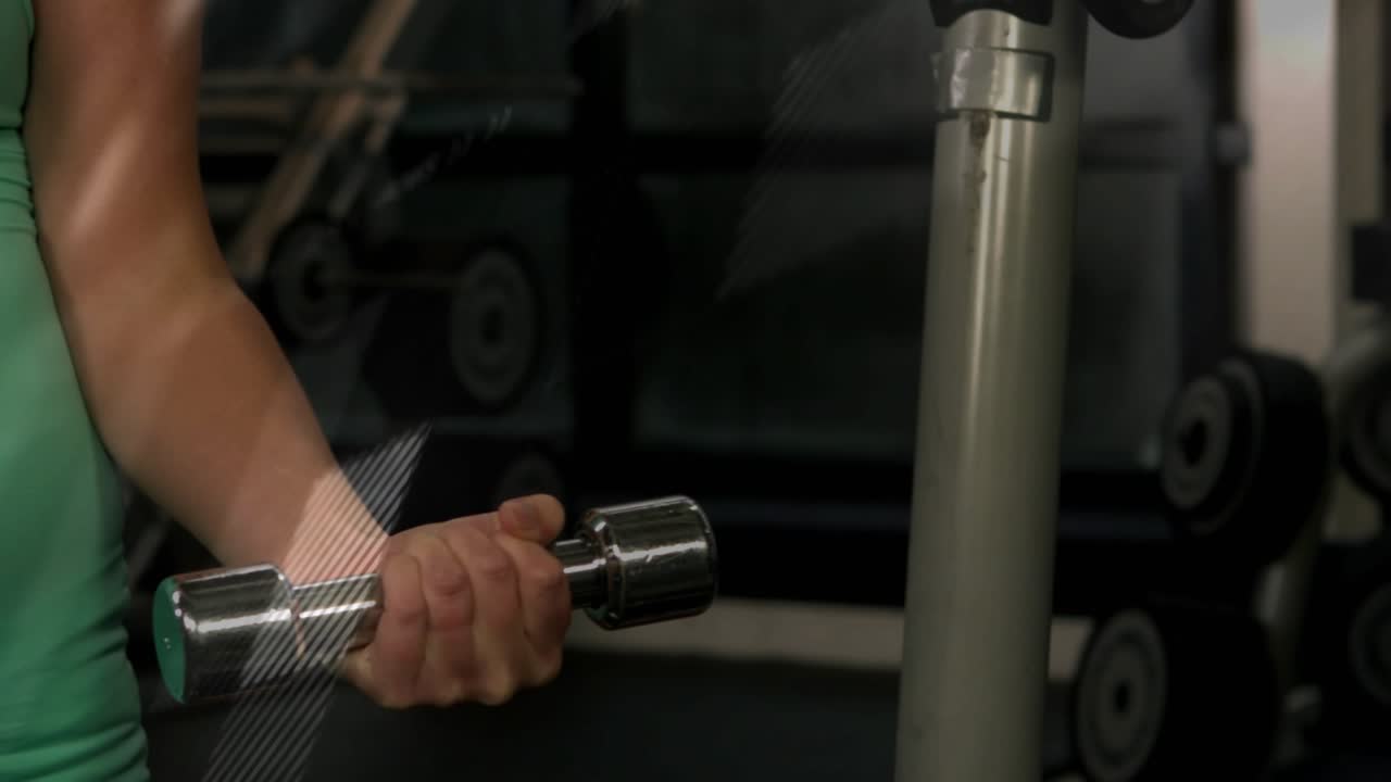 Woman gripping dumbbell, starting bicep curls, camera showing torso, overlays sweeping arm, fitness
