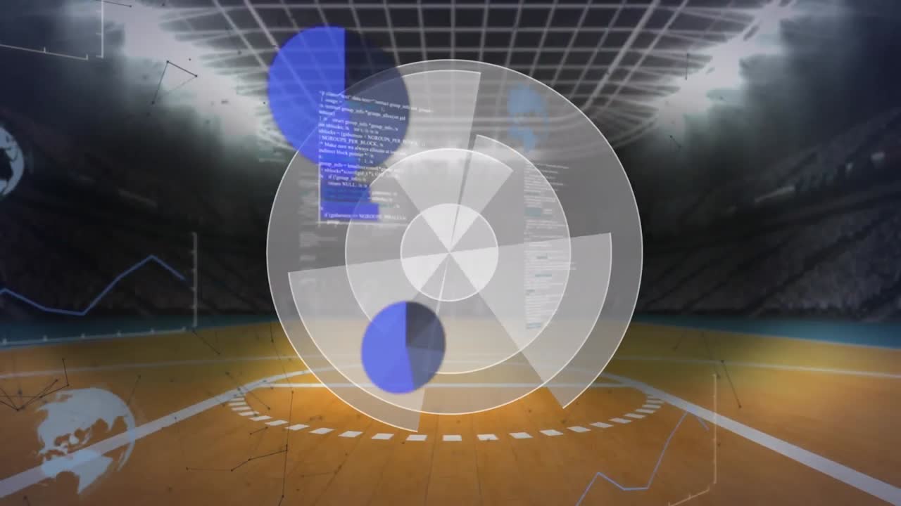 Animation of round scanner and data processing against empty basketball court